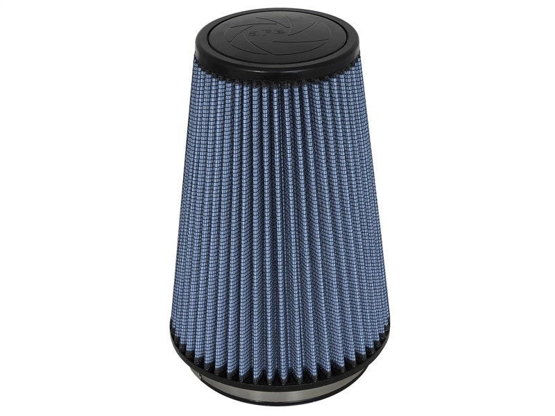 aFe MagnumFLOW Air Filter featuring a conical design with blue pleated media, designed for improved airflow and performance.