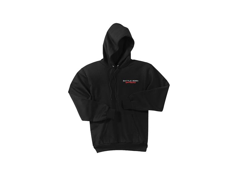 Black hooded sweatshirt featuring the Battle Born Offroad logo, designed for comfort and style in offroad adventures.