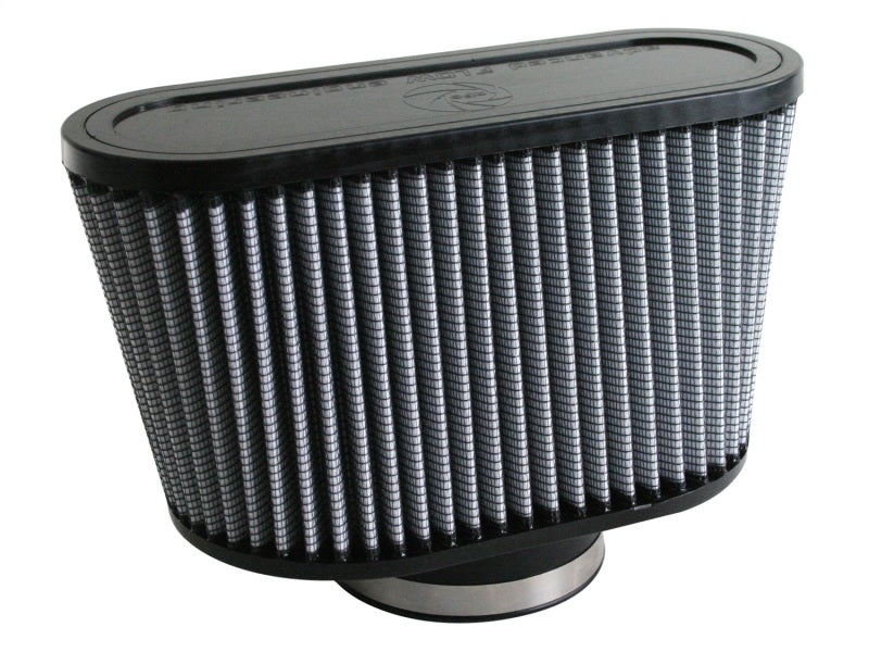 aFe MagnumFLOW Air Filter with a unique oval design, featuring a durable black frame and pleated filter media for enhanced airflow.