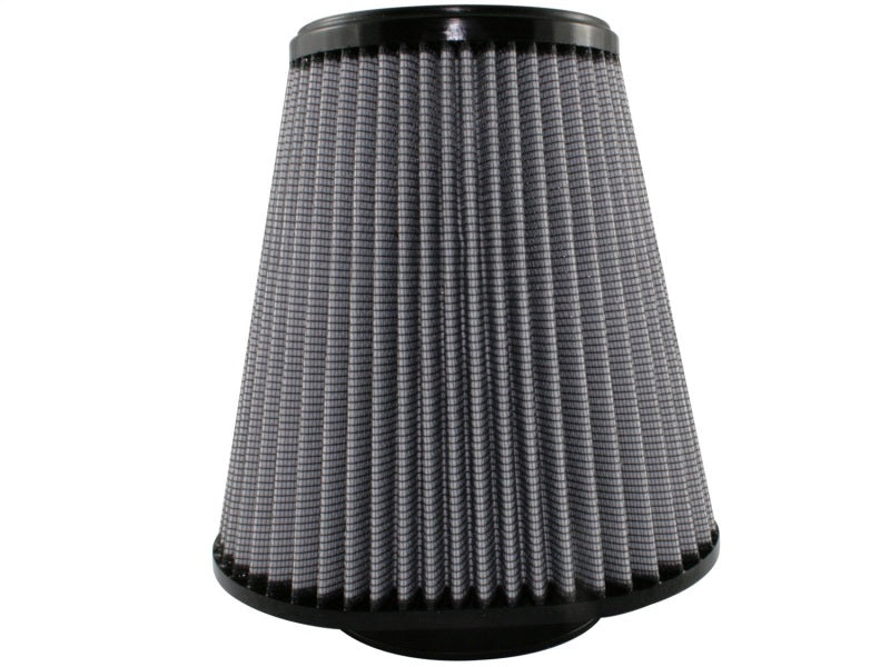 aFe MagnumFLOW Air Filter with a conical design, measuring 4-3/8 inches in diameter and 9 inches in height, featuring a pleated filter media for enhanced airflow.