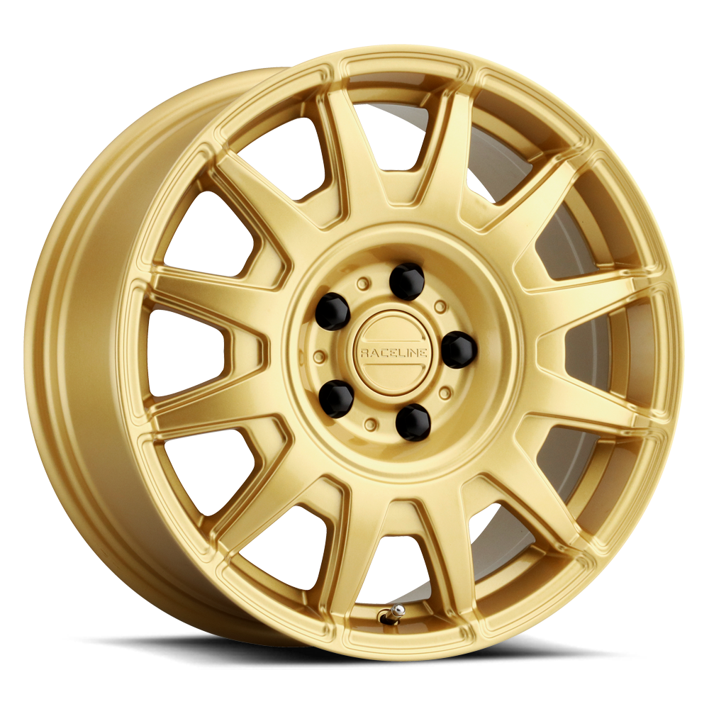 Gold 401GD Aero wheel with a multi-spoke design and black lug nut accents, ideal for offroad vehicles and customization.