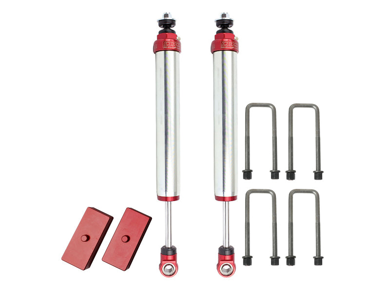 aFe Sway-A-Way 2.0in Rear Shock Kit with lift blocks for 2005-2017 Toyota Tacoma, featuring durable shock absorbers and installation hardware.