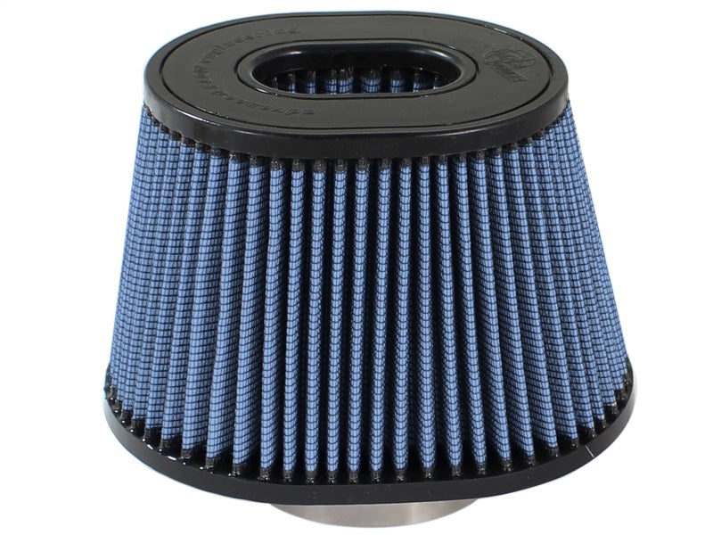 aFe MagnumFLOW Air Filter with a blue pleated design, featuring a 3.25-inch inlet and compact dimensions for universal fit.