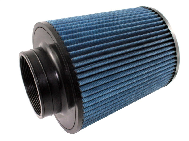 aFe MagnumFLOW Air Filter with a blue pleated design, featuring a cylindrical shape and threaded inlet for easy installation.