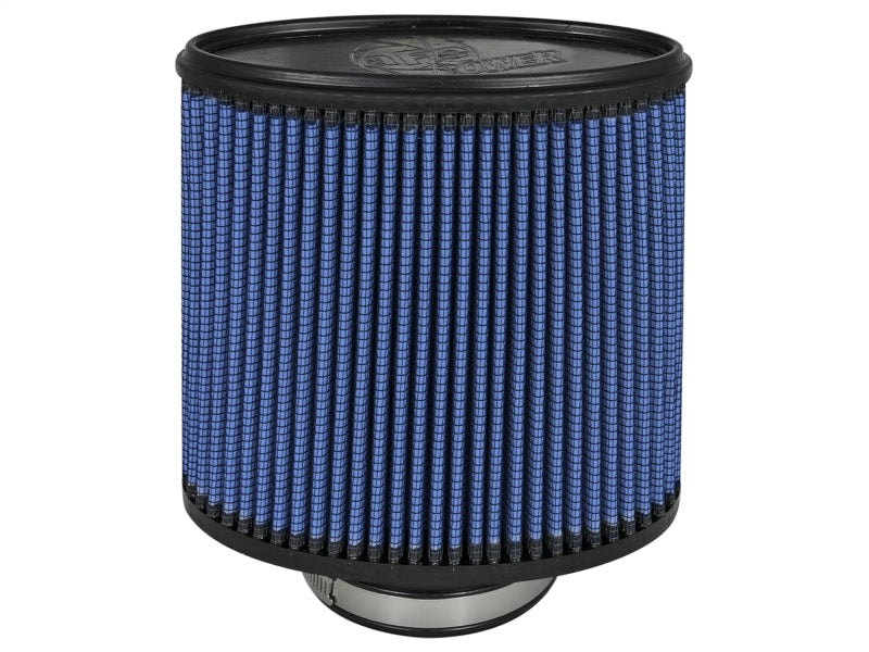 aFe MagnumFLOW Air Filter with a blue pleated design, featuring a cylindrical shape for enhanced airflow and performance.