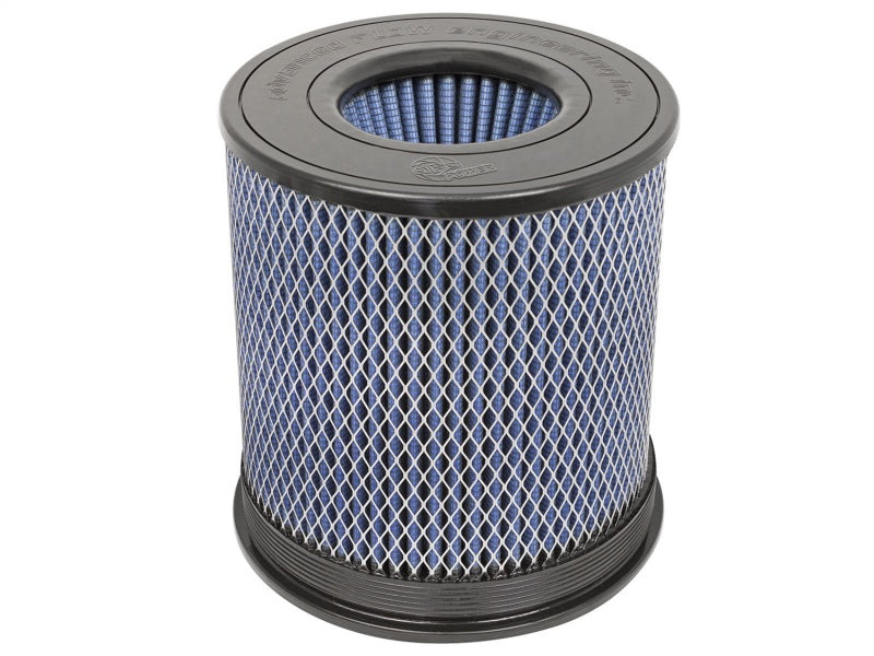 aFe MagnumFLOW Air Filter featuring a cylindrical design with a blue filter element and black mesh casing for enhanced airflow.