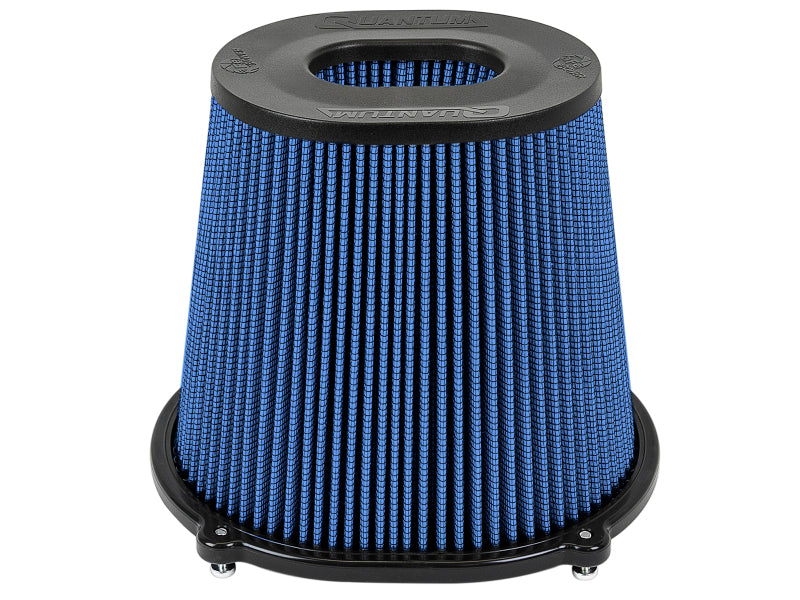 aFe Quantum Pro-5 R air filter with inverted top, 5-inch flange, 8-inch height, featuring a blue oiled design for enhanced airflow.