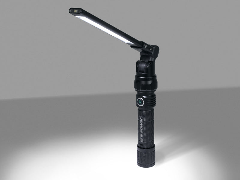 aFe Magnetic Folding Flashlight with 350 lumens, featuring a flexible arm for versatile lighting in dark spaces.