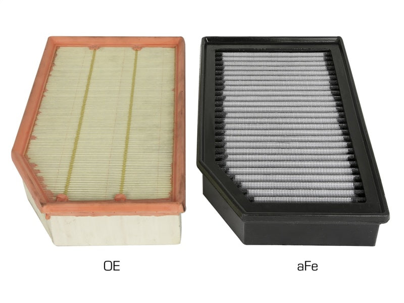 aFe Magnum FLOW Pro DRY S OE Replacement Filter for 2018+ Jeep Wrangler JL V6 3.6L, showcasing side-by-side comparison of filters.