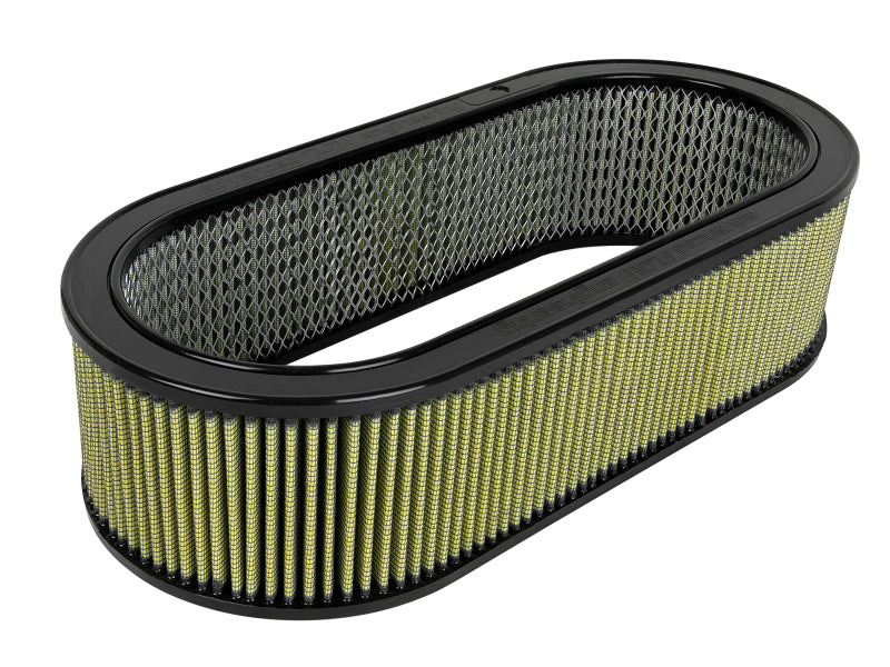 aFe MagnumFLOW Oval Racing Air Filter designed for high performance, featuring a durable mesh and efficient airflow design.