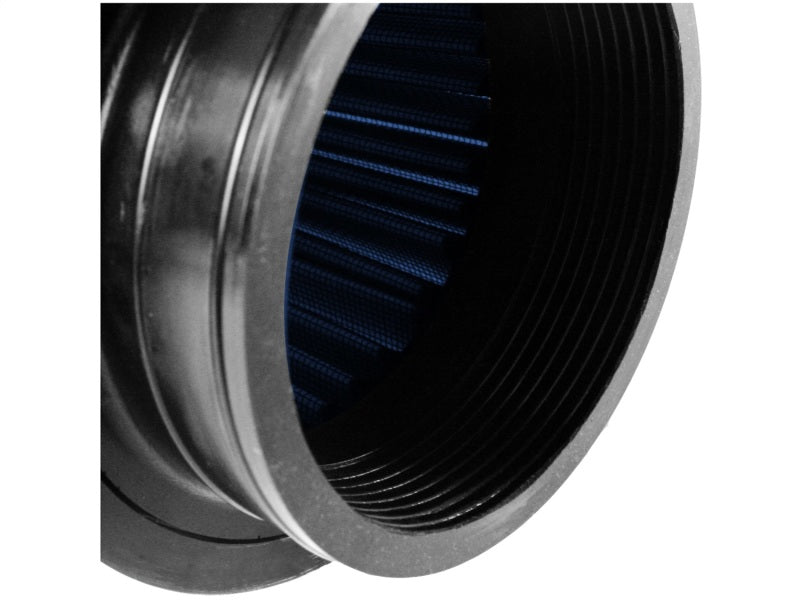 aFe MagnumFLOW Air Filter featuring a blue pleated design and threaded opening for enhanced airflow and performance.