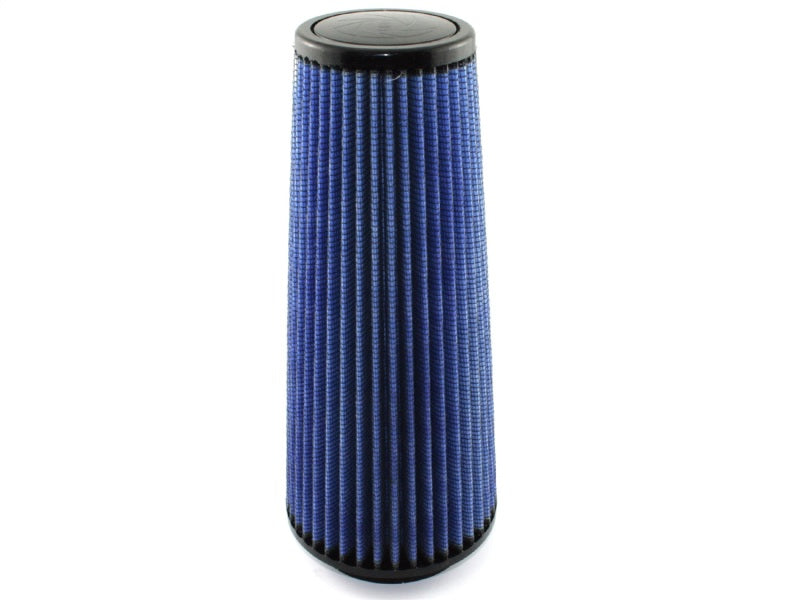 aFe MagnumFLOW Air Filter with a blue pleated design, measuring 3.5 inches at the base and top, and 12 inches in height.