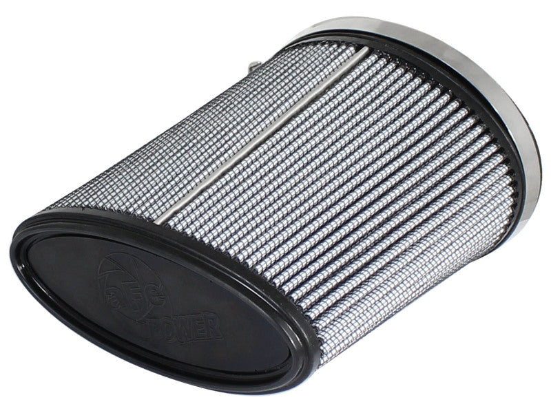 aFe MagnumFLOW air filter featuring a cylindrical design with a metal mesh exterior and rubber end caps for enhanced airflow.