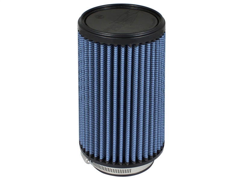 aFe MagnumFLOW Pro 5R intake air filter with blue pleated design, measuring 3.5 inches front, 5 inches back, and 4.75 inches tall.