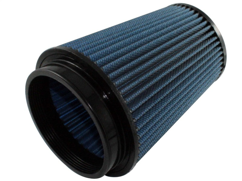 aFe MagnumFLOW Air Filter featuring a blue pleated design, cylindrical shape, and durable black base for enhanced airflow.