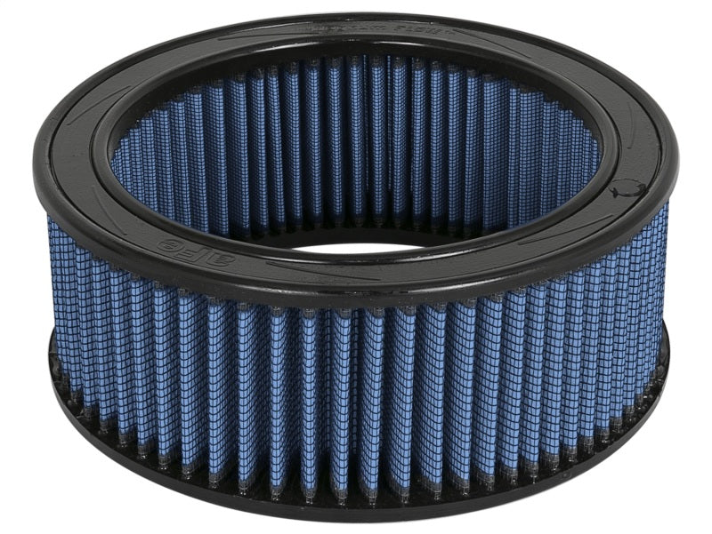 aFe MagnumFLOW round racing air filter with blue media, measuring 9 inches OD, 7.50 inches ID, and 2.75 inches high.