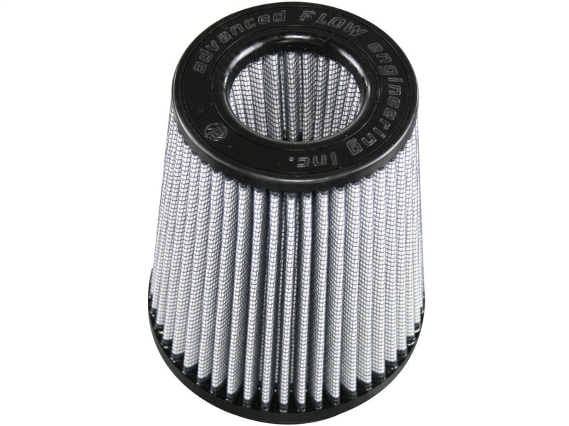 aFe MagnumFLOW ProDry S air filter with a conical design, featuring a silver mesh exterior and a black top for enhanced airflow.