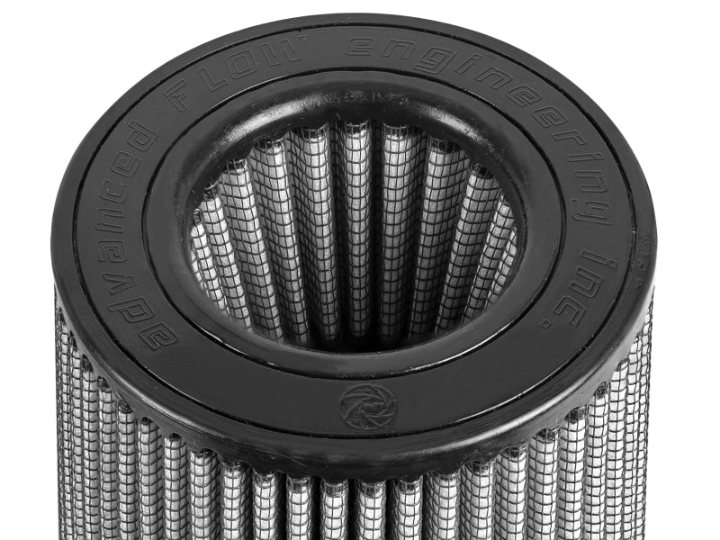 aFe MagnumFLOW Pro DRY S replacement air filter featuring a cylindrical design with a black top and mesh material for optimal airflow.