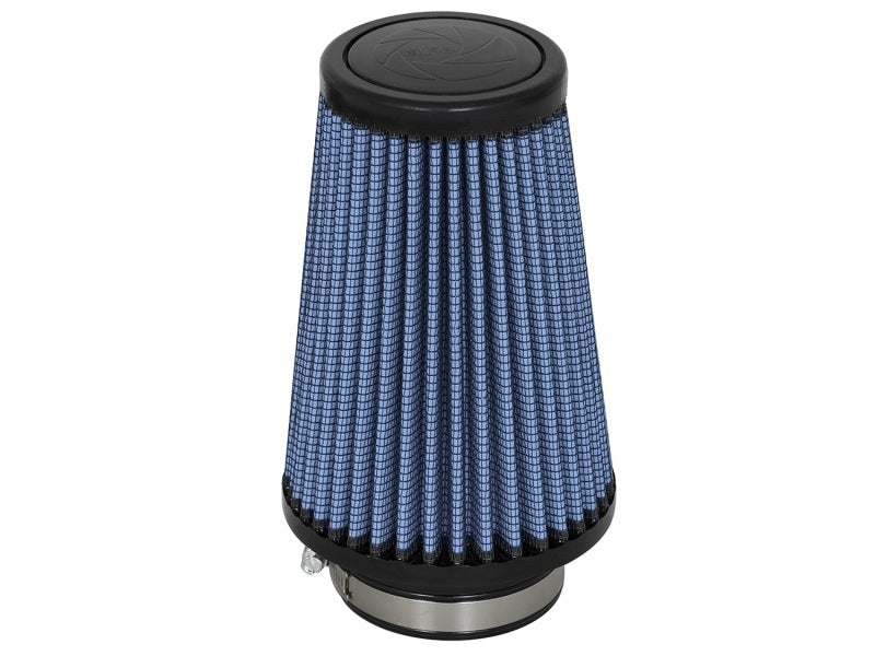aFe MagnumFLOW Air Filter with a conical design, featuring a blue pleated filter element and a metal base for enhanced airflow.