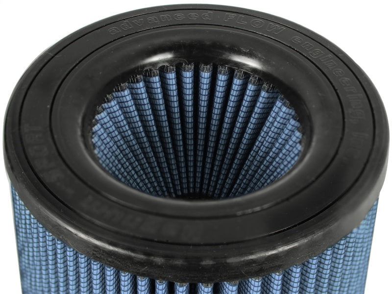 aFe MagnumFLOW Air Filter with a cylindrical design featuring a blue filter media and a rubber sealing edge for optimal airflow.