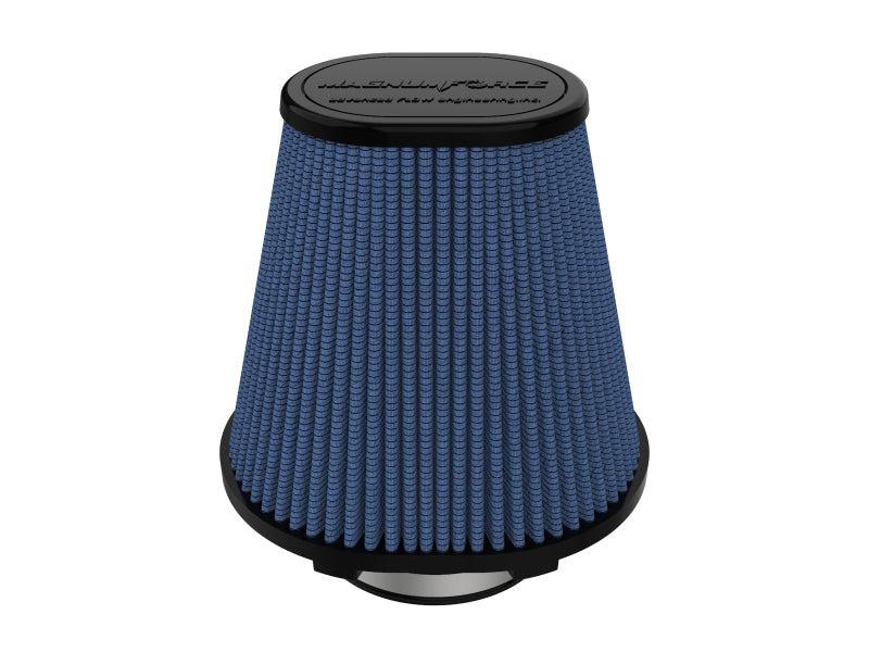 aFe MagnumFORCE air filter with Pro5R media, featuring a conical design for enhanced airflow and filtration efficiency.