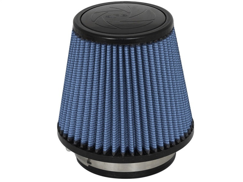 aFe MagnumFLOW Air Filter with a conical design, featuring a blue filter element and a metal base for enhanced airflow.