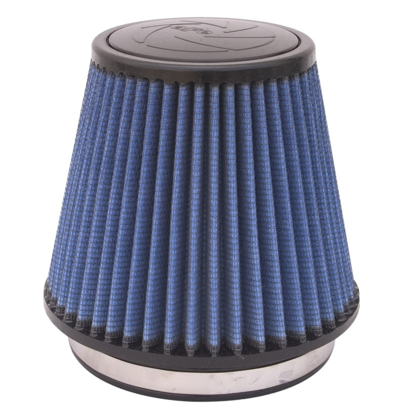 aFe MagnumFLOW Air Filter with a conical shape, featuring blue pleated media and a metal base for enhanced airflow.