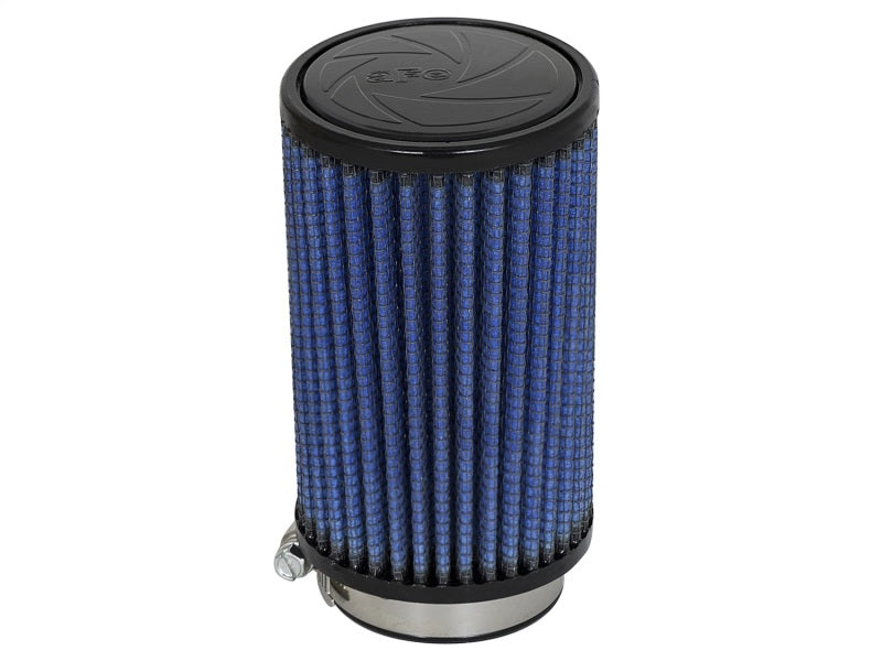 aFe MagnumFLOW Air Filter featuring a cylindrical design with blue filter media and a metal base for enhanced airflow and performance.