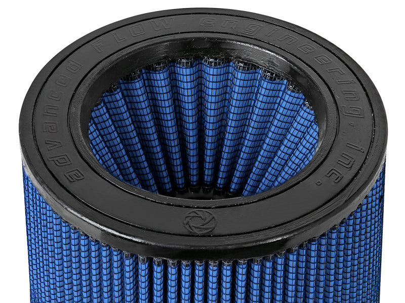 aFe Momentum Air Filter featuring a blue mesh design with a black rubber base, measuring 5-1/2F x 7B x 5-1/2T x 6-1/2H.