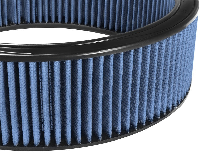 aFe MagnumFLOW Air Filter with a blue filter media and black frame, designed for improved airflow and engine performance.
