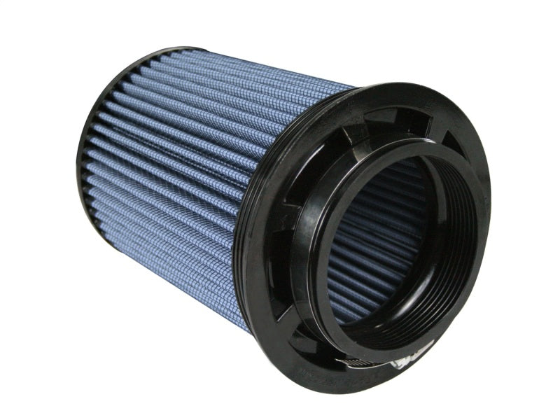 aFe MagnumFLOW Air Filter featuring a cylindrical design with a blue pleated filter media and black plastic end caps.