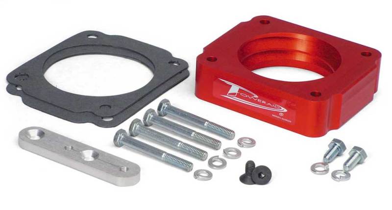 Airaid PowerAid throttle body spacer for 98-04 Ford Mustang GT 4.6L SOHC, includes gaskets and installation hardware.