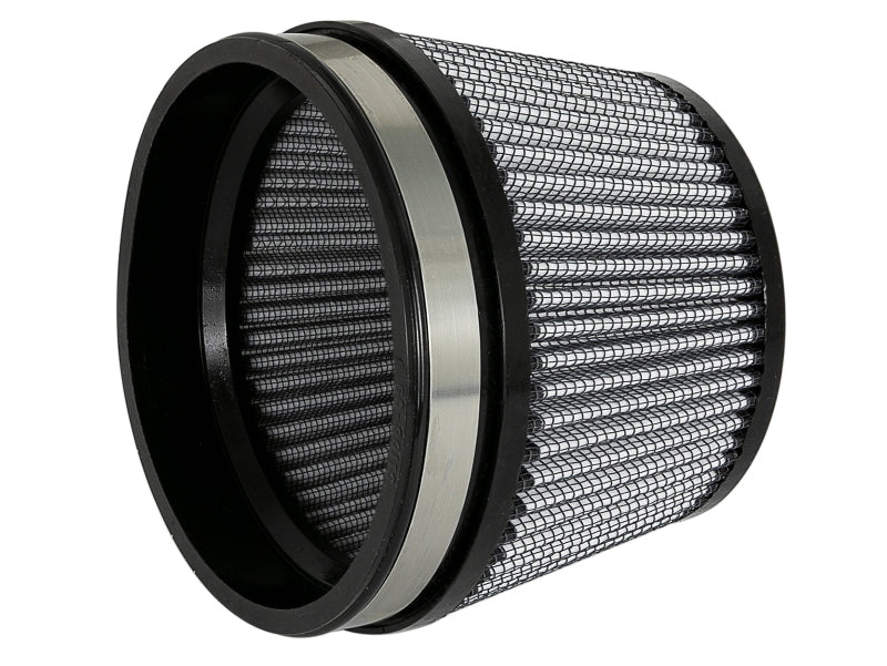 aFe MagnumFLOW Dry S Air Filter featuring a cylindrical design with a mesh exterior and rubber sealing for optimal airflow.