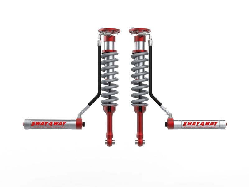 aFe Sway-A-Way front coilover kit for 2010-2014 F150/Raptor 6.2L featuring remote reservoirs and compression adjusters.
