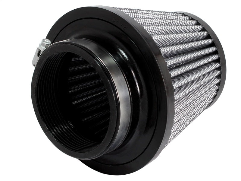 aFe MagnumFLOW Air Filter featuring a cylindrical design with a mesh exterior and a black rubber base for enhanced airflow.