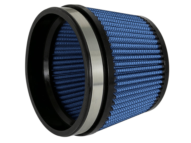 aFe MagnumFLOW Pro 5R universal air filter with blue mesh and metal ring, designed for enhanced airflow and performance.