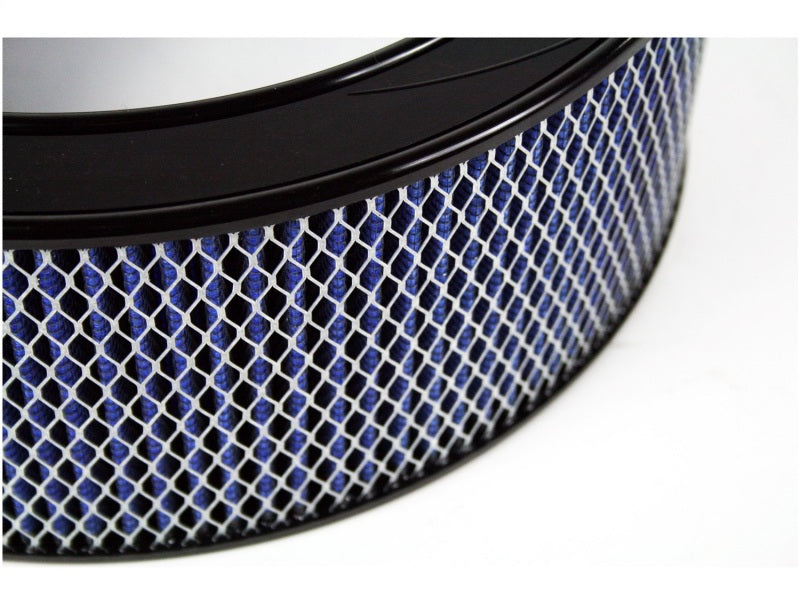 aFe MagnumFLOW Round Racing Air Filter featuring a blue honeycomb design, measuring 14OD x 11ID x 5H for enhanced airflow.