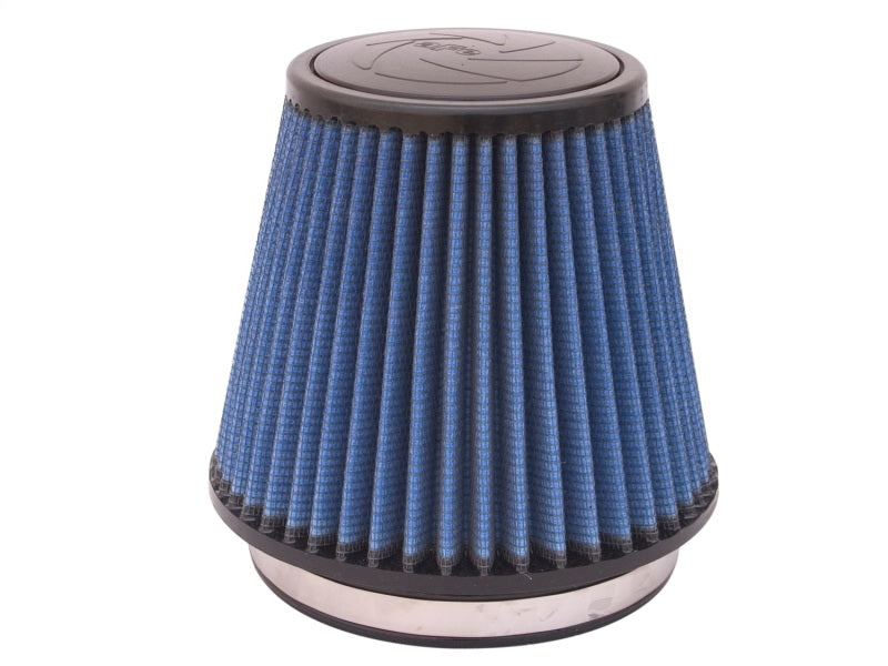 aFe MagnumFLOW Air Filter with a blue pleated design, measuring 5 inches in diameter and 6 inches tall, ideal for performance upgrades.