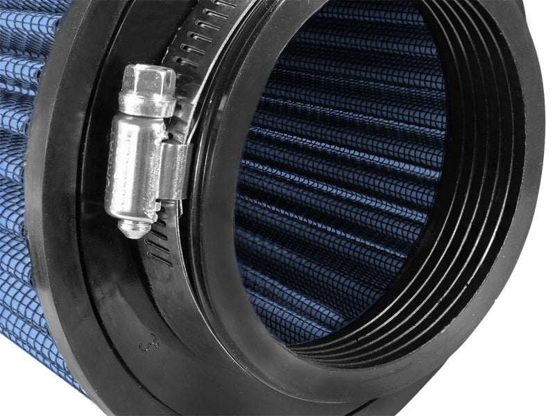 aFe MagnumFLOW Air Filter featuring a blue pleated design and durable rubber base for enhanced airflow and performance.