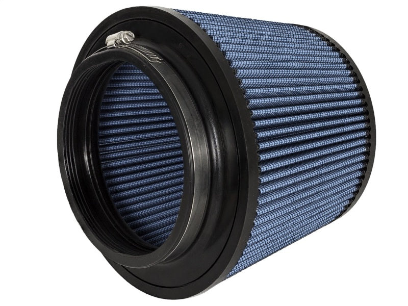 aFe MagnumFLOW Air Filter featuring a blue mesh design and black rubber end, designed for enhanced airflow and performance.