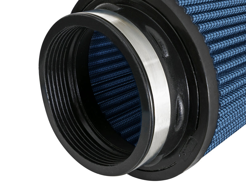 aFe Magnum FLOW Pro 5R air filter featuring a blue pleated design with a 3-1/2 inch inlet and 8 inch height for enhanced airflow.