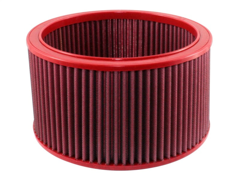 aFe MagnumFLOW round racing air filter with red frame, designed for high-performance applications, measuring 9 inches OD and 7.5 inches ID.