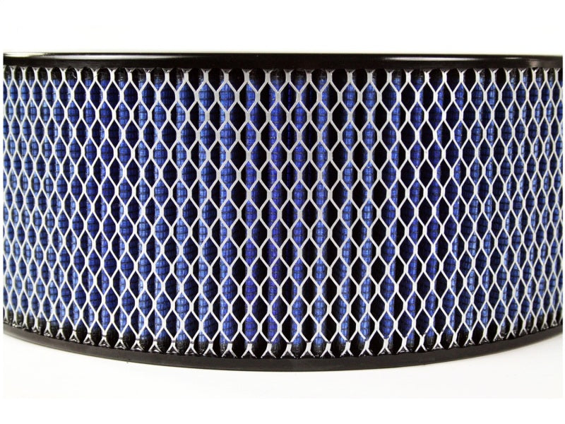 aFe MagnumFLOW Round Racing Air Filter featuring a blue mesh design, measuring 14OD x 11ID x 5H, ideal for high-performance vehicles.