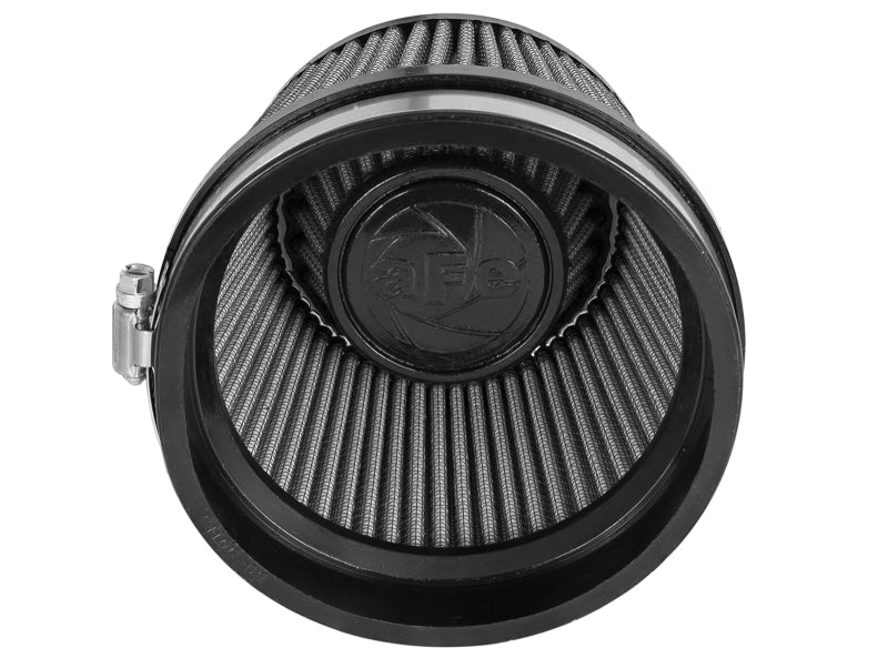 aFe MagnumFLOW Dry S Air Filter featuring a cylindrical design with a black exterior and pleated filter material for optimal airflow.