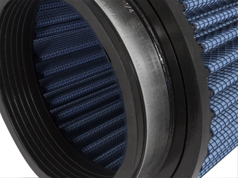 aFe MagnumFLOW Air Filter featuring a blue pleated design with a black rubber base, ideal for enhanced airflow and performance.