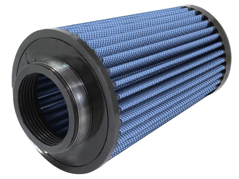 aFe MagnumFLOW Air Filter with a blue pleated design, featuring a cylindrical shape and durable end caps for enhanced airflow.