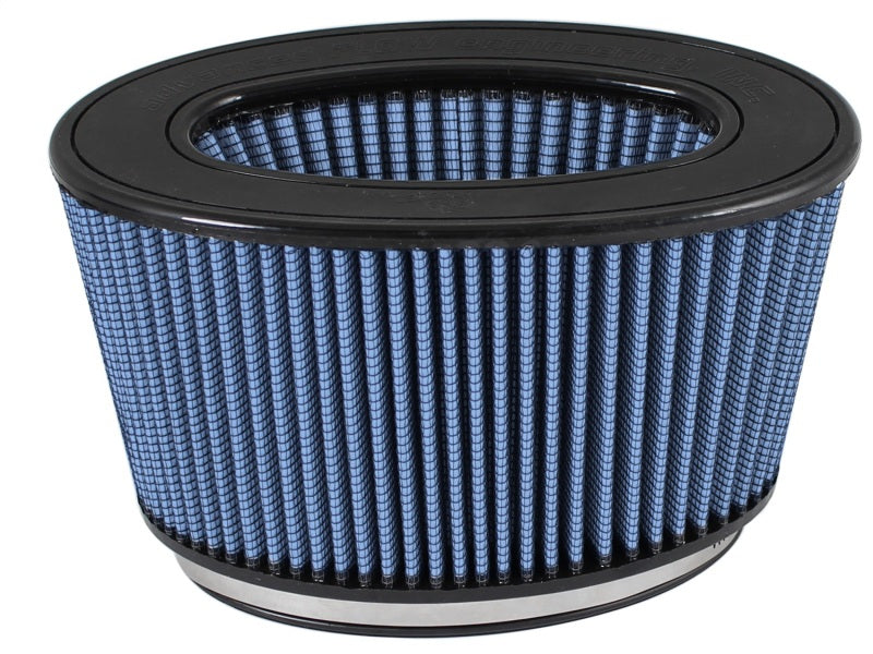 aFe MagnumFLOW Pro 5R Universal Air Filter with a blue pleated design, enhancing airflow for improved engine performance.