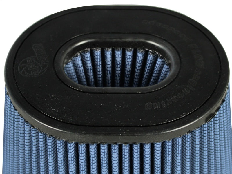 aFe MagnumFLOW Air Filter featuring a blue pleated design and a black rubber top, designed for enhanced airflow and performance.