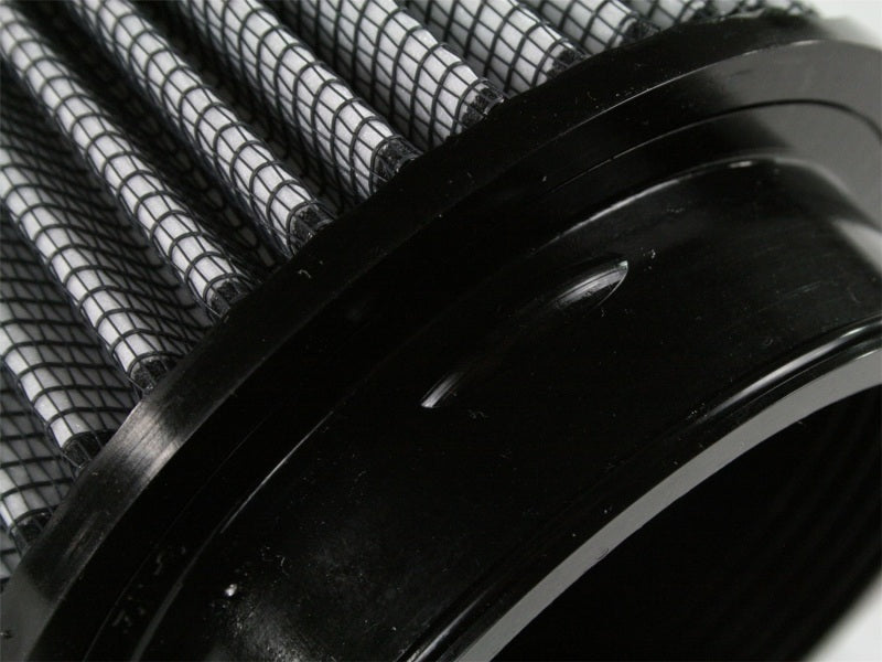 aFe MagnumFLOW Air Filter featuring a cylindrical design with pleated media and a black frame for enhanced airflow.
