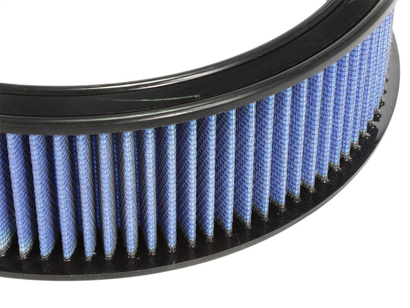 aFe MagnumFLOW round racing air filter with blue pleated media, designed for high-performance applications.